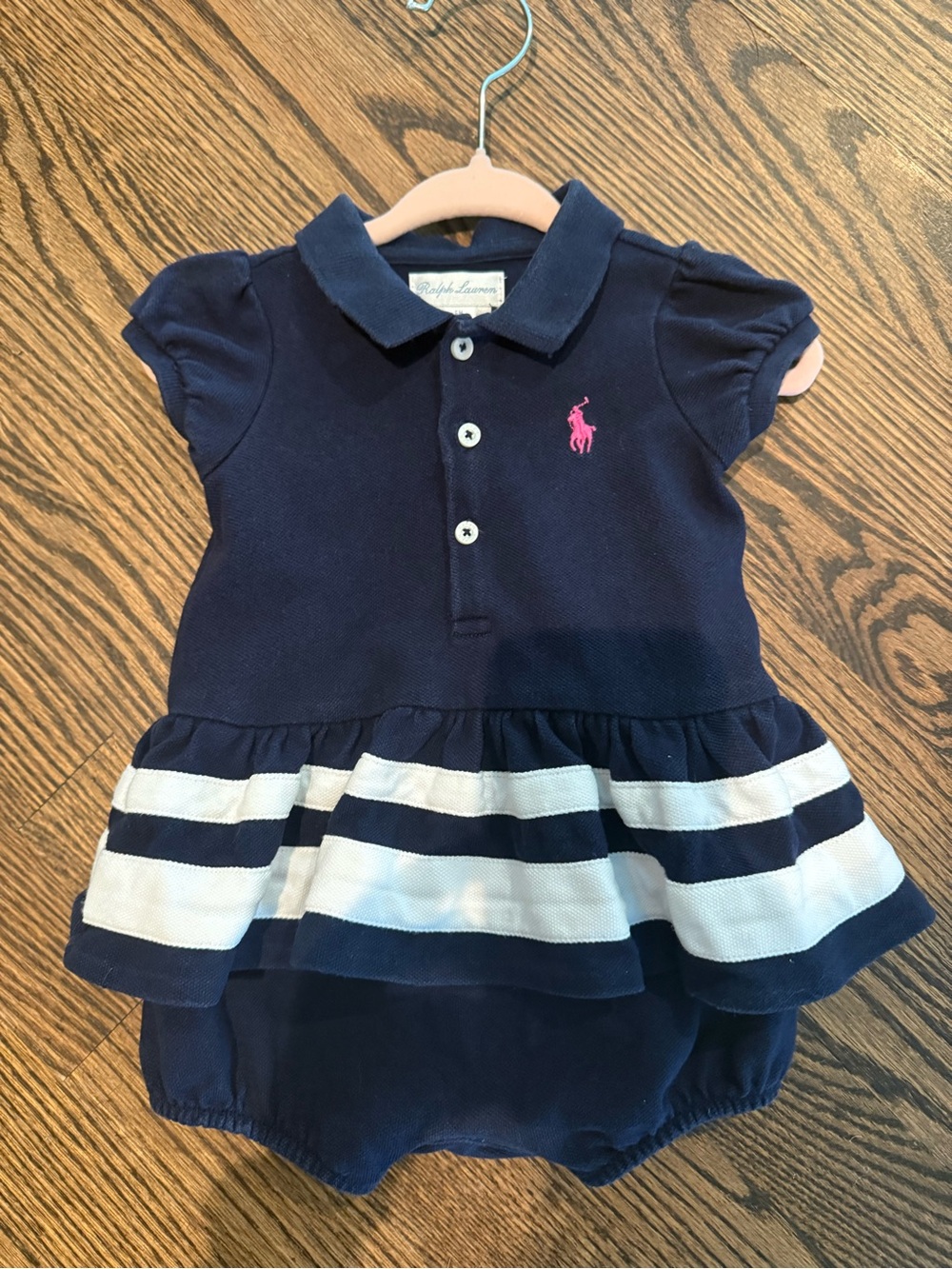 Ralph Lauren Navy and White Striped Polo Baby Dress with Pink Pony